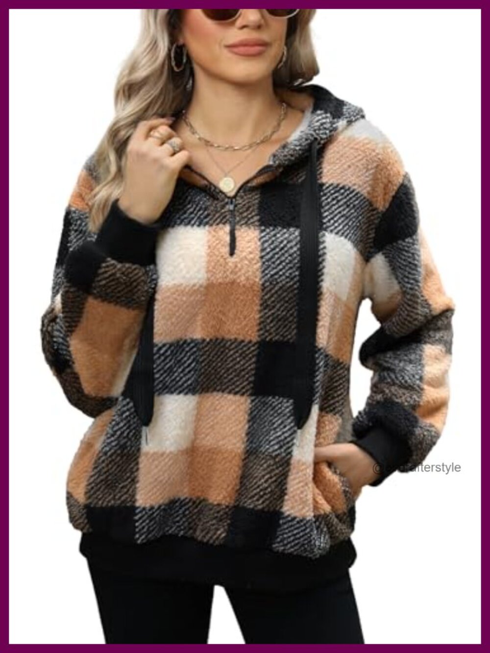 Women's Sherpa Fleece Pullover Quarter Zip Oversized Jacket with Pockets